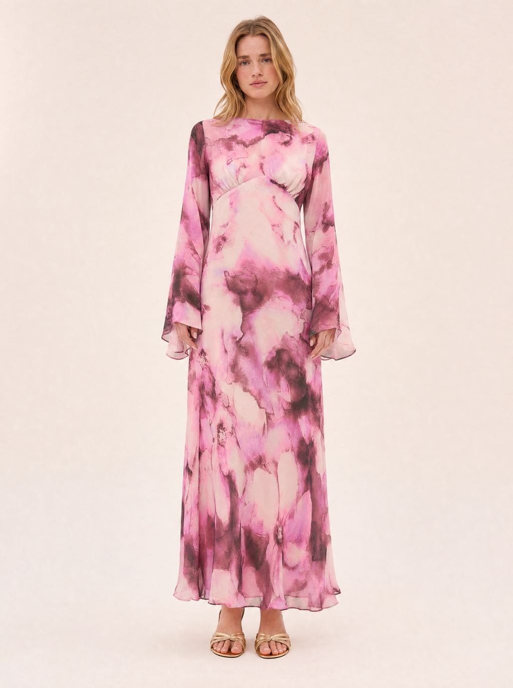 Blossom Pink Floral Maxi Dress — Long Sleeve, Fluted Sleeve