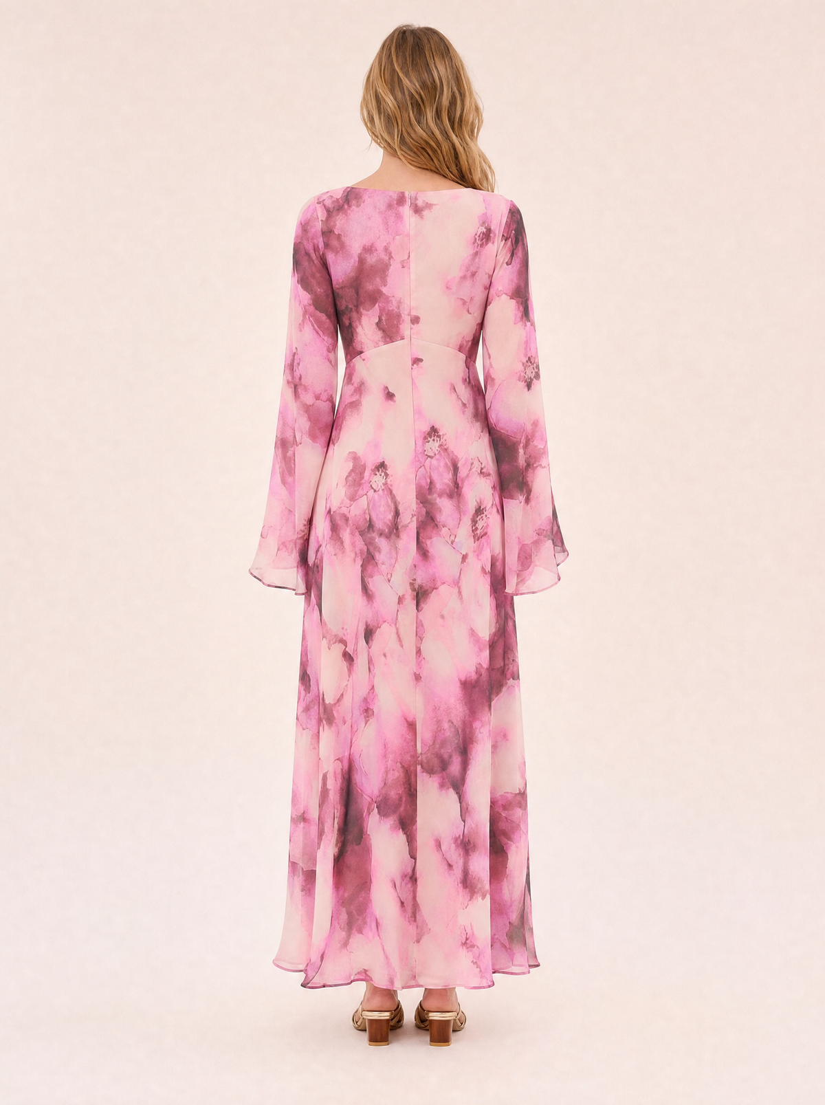 Blossom Pink Floral Maxi Dress — Long Sleeve, Fluted Sleeve