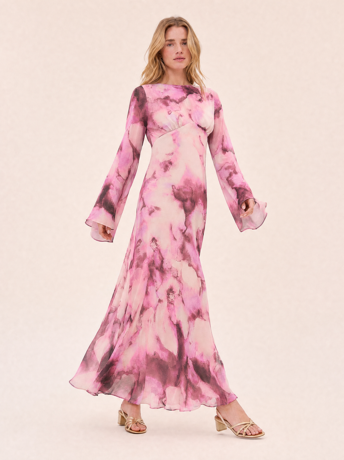 Blossom Pink Floral Maxi Dress — Long Sleeve, Fluted Sleeve