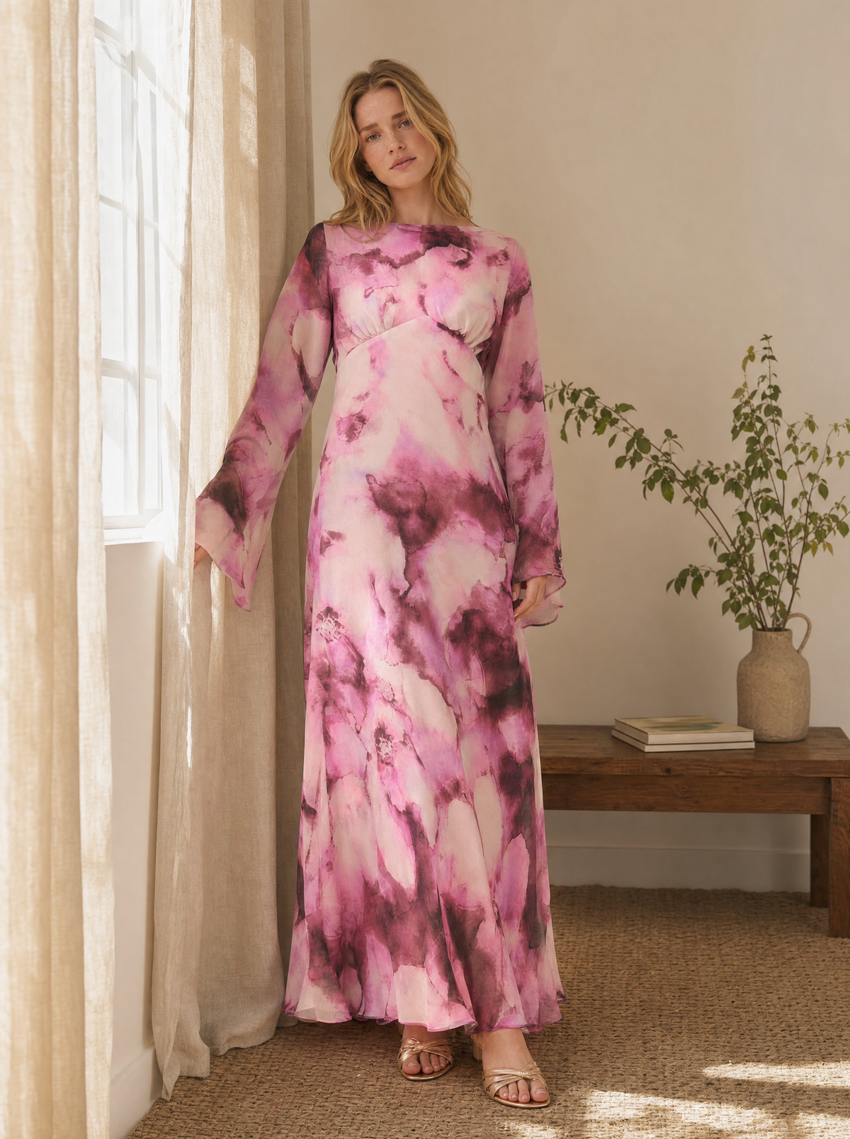 Blossom Pink Floral Maxi Dress — Long Sleeve, Fluted Sleeve