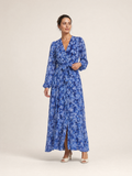 Blue Floral Long Sleeve Maxi Dress with Waist Tie