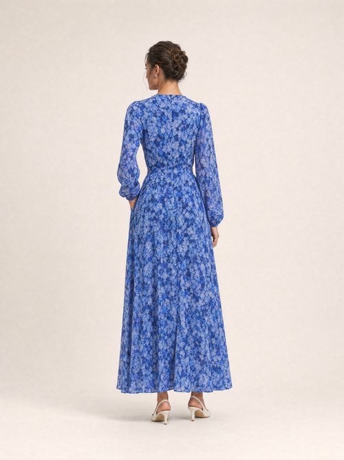 Blue Floral Long Sleeve Maxi Dress with Waist Tie