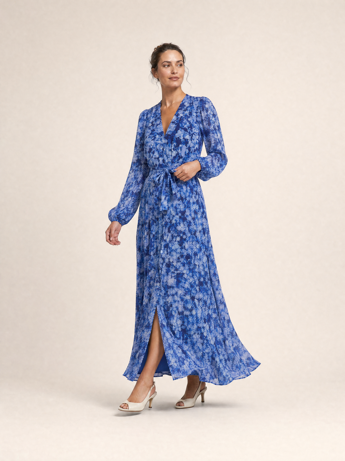 Blue Floral Long Sleeve Maxi Dress with Waist Tie
