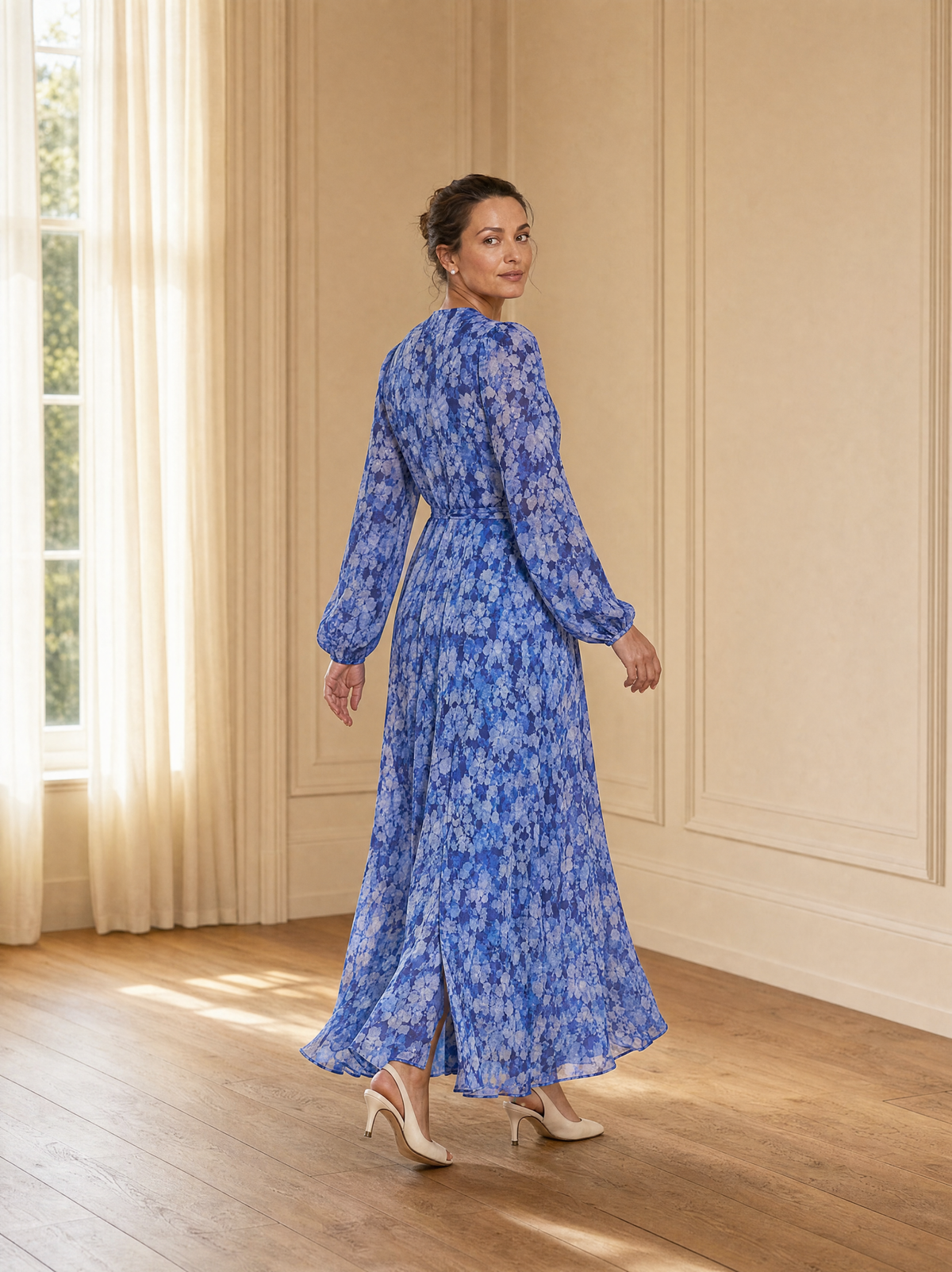 Blue Floral Long Sleeve Maxi Dress with Waist Tie