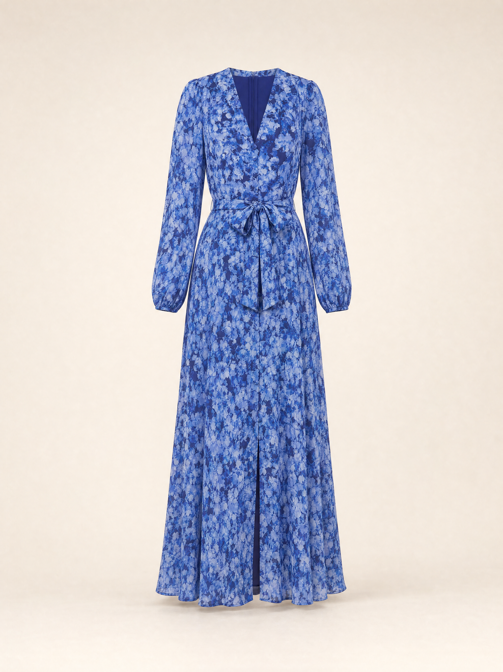 Blue Floral Long Sleeve Maxi Dress with Waist Tie