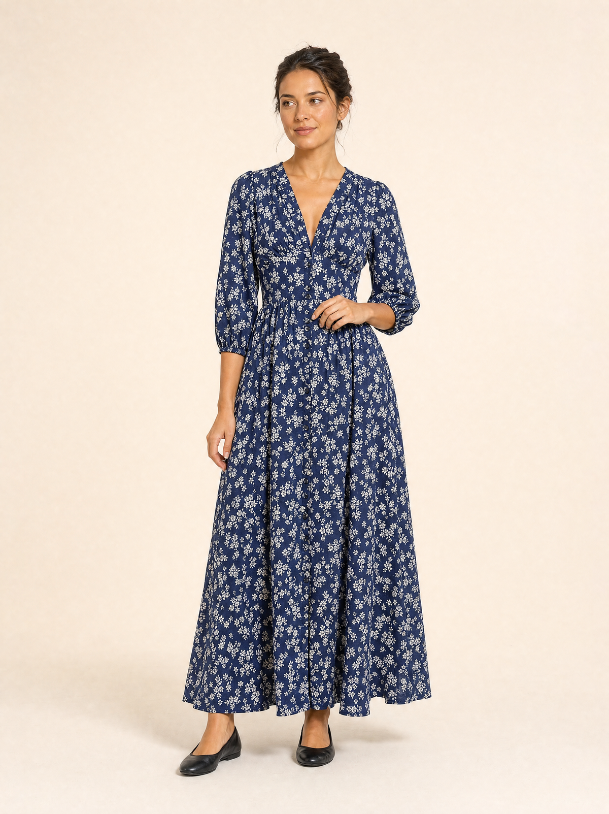 Ditsy Floral Button-Through Maxi Dress with Three-Quarter Sleeves