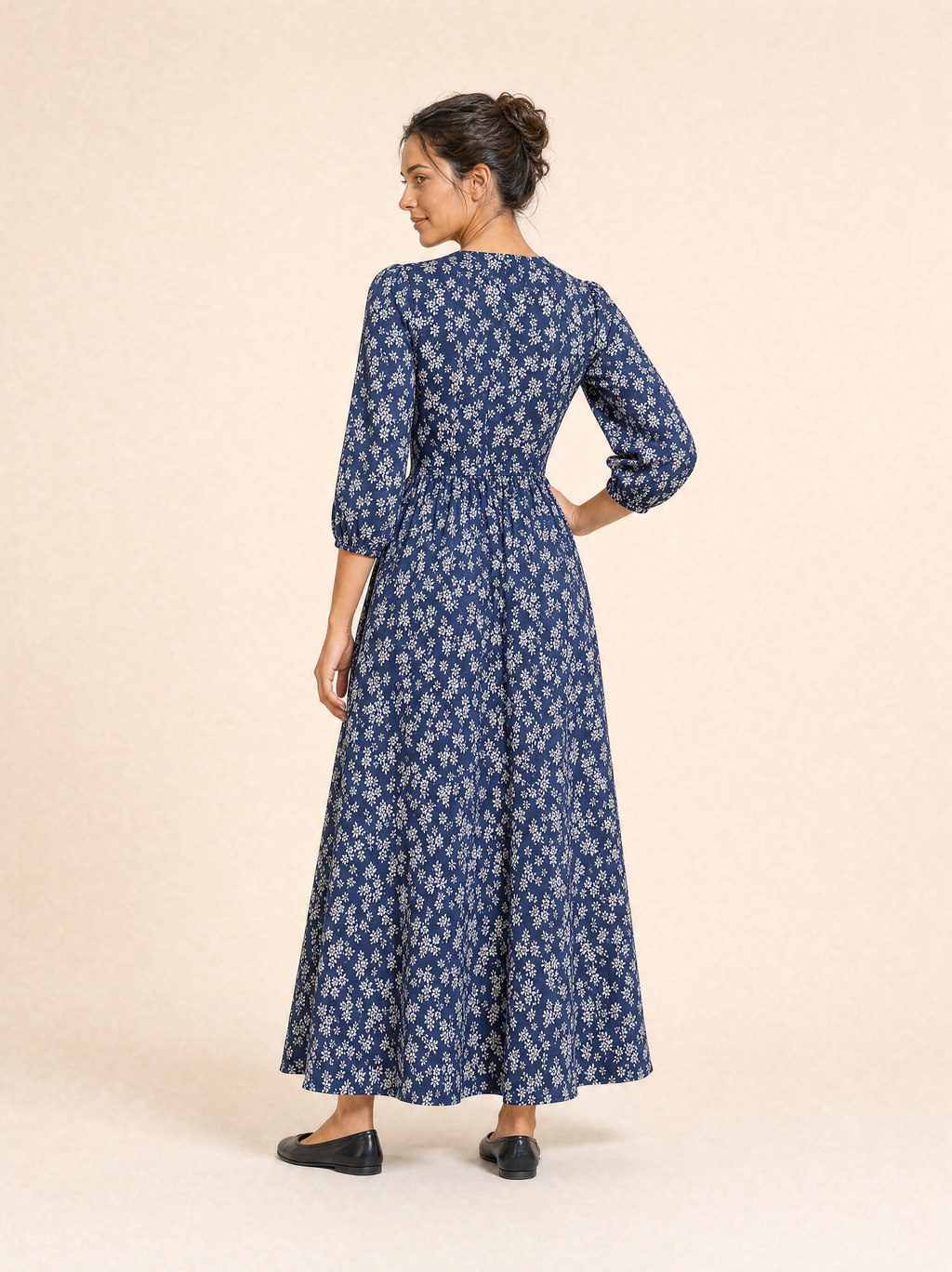 Ditsy Floral Button-Through Maxi Dress with Three-Quarter Sleeves
