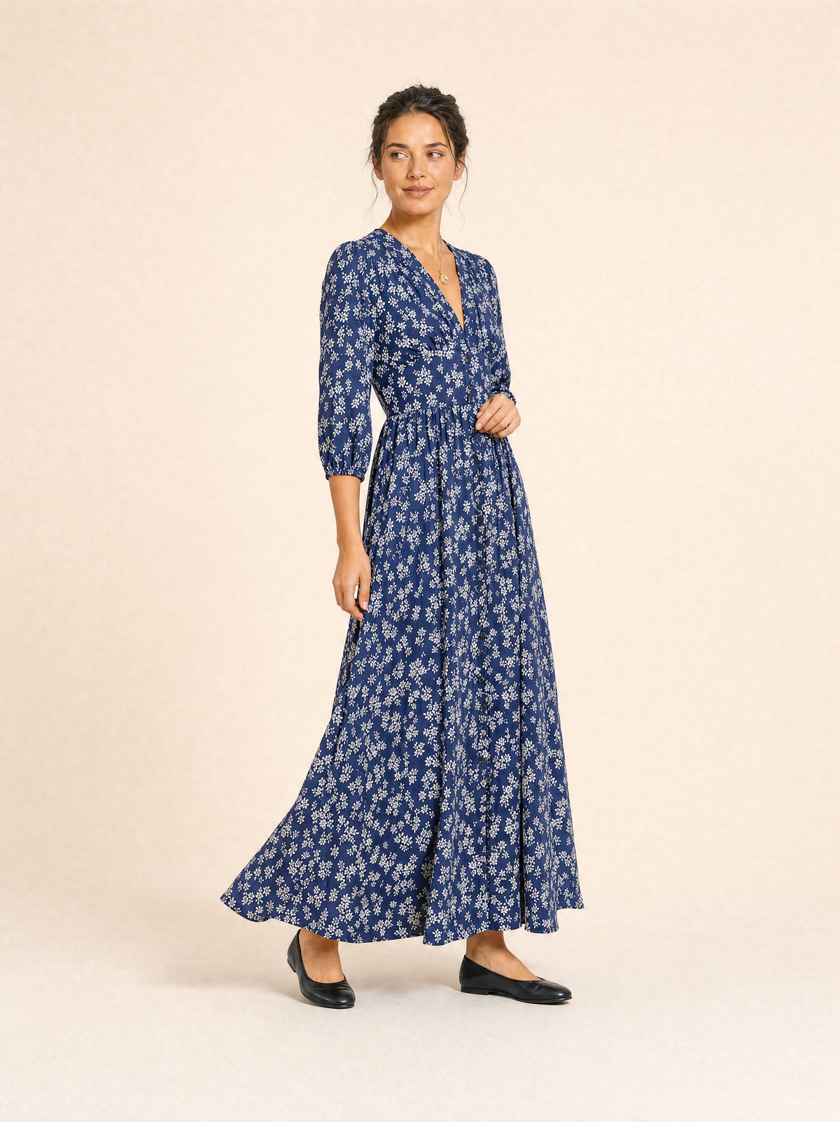 Ditsy Floral Button-Through Maxi Dress with Three-Quarter Sleeves