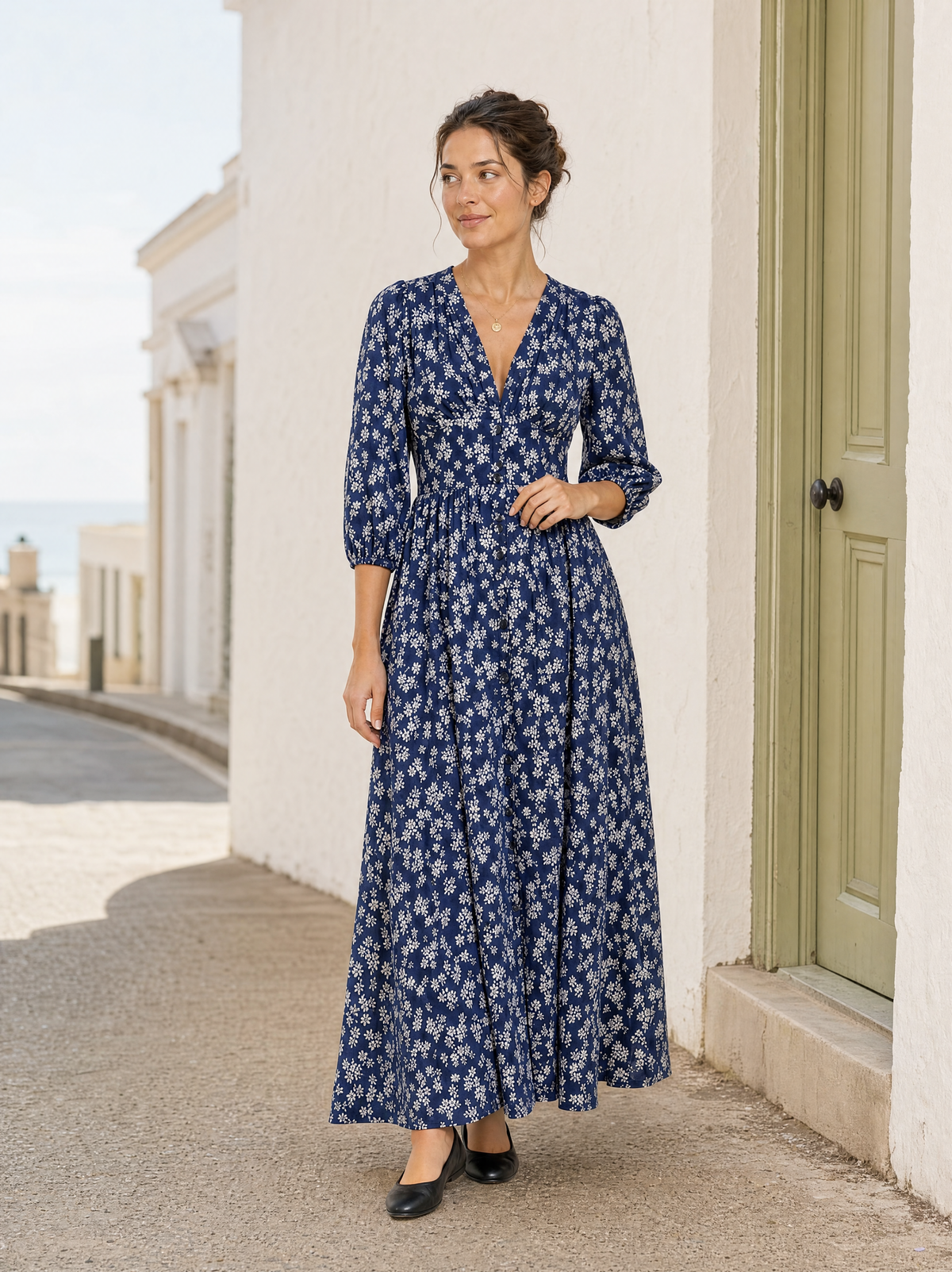 Ditsy Floral Button-Through Maxi Dress with Three-Quarter Sleeves