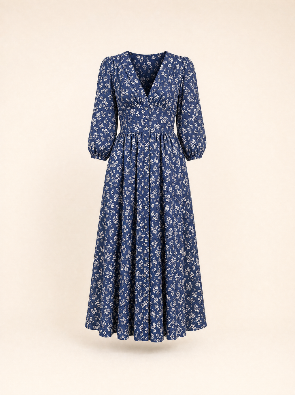 Ditsy Floral Button-Through Maxi Dress with Three-Quarter Sleeves