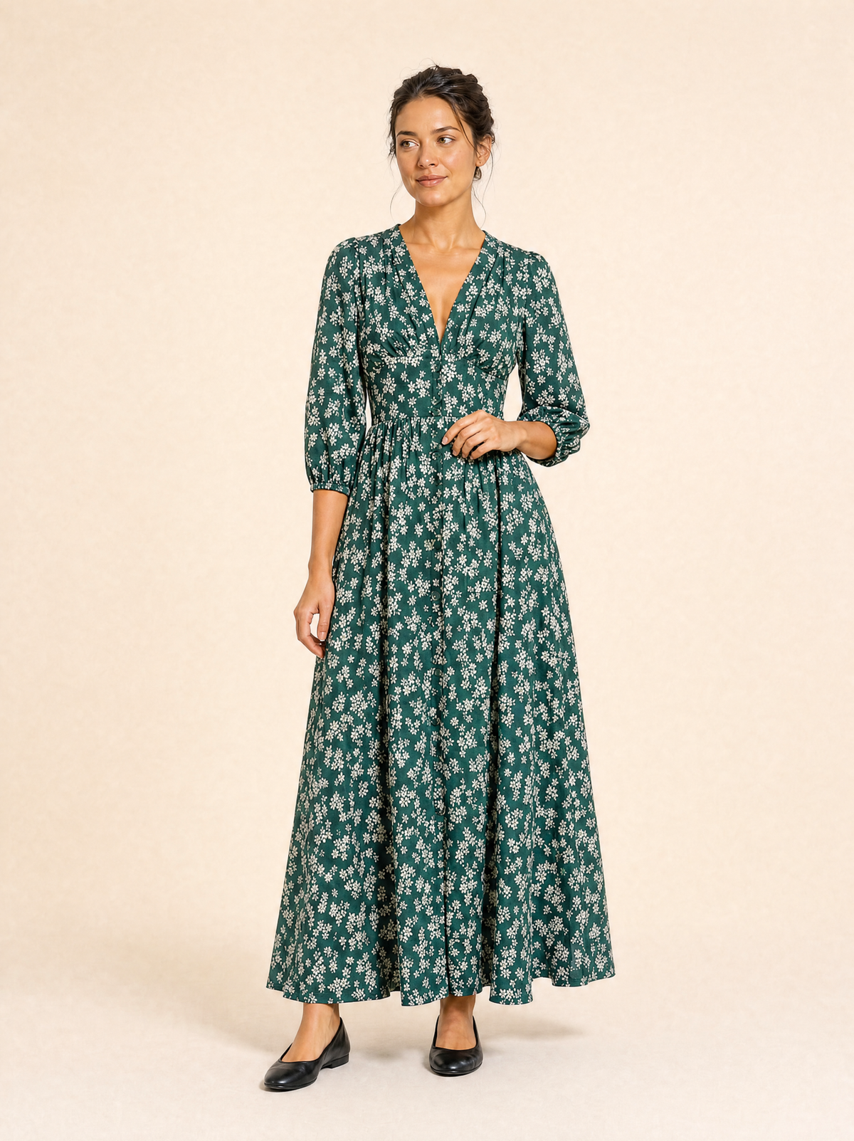 Ditsy Floral Button-Through Maxi Dress with Three-Quarter Sleeves