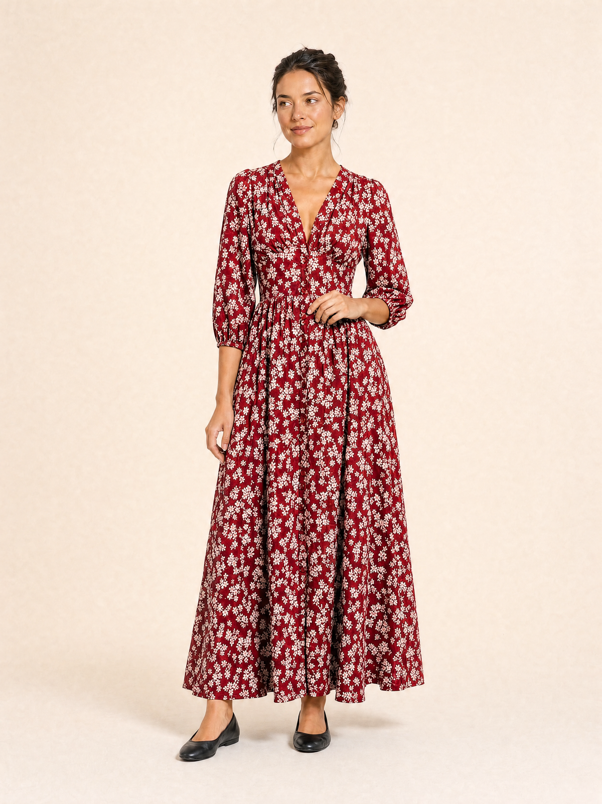 Ditsy Floral Button-Through Maxi Dress with Three-Quarter Sleeves