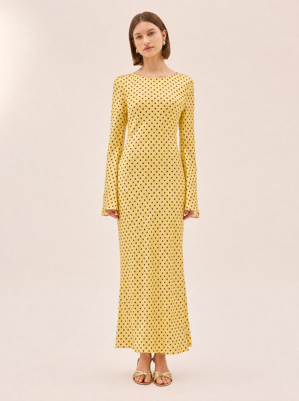 Keira Yellow Polka Dot Maxi Dress — Bias Cut Satin, Long Sleeve