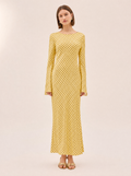 Keira Yellow Polka Dot Maxi Dress — Bias Cut Satin, Long Sleeve
