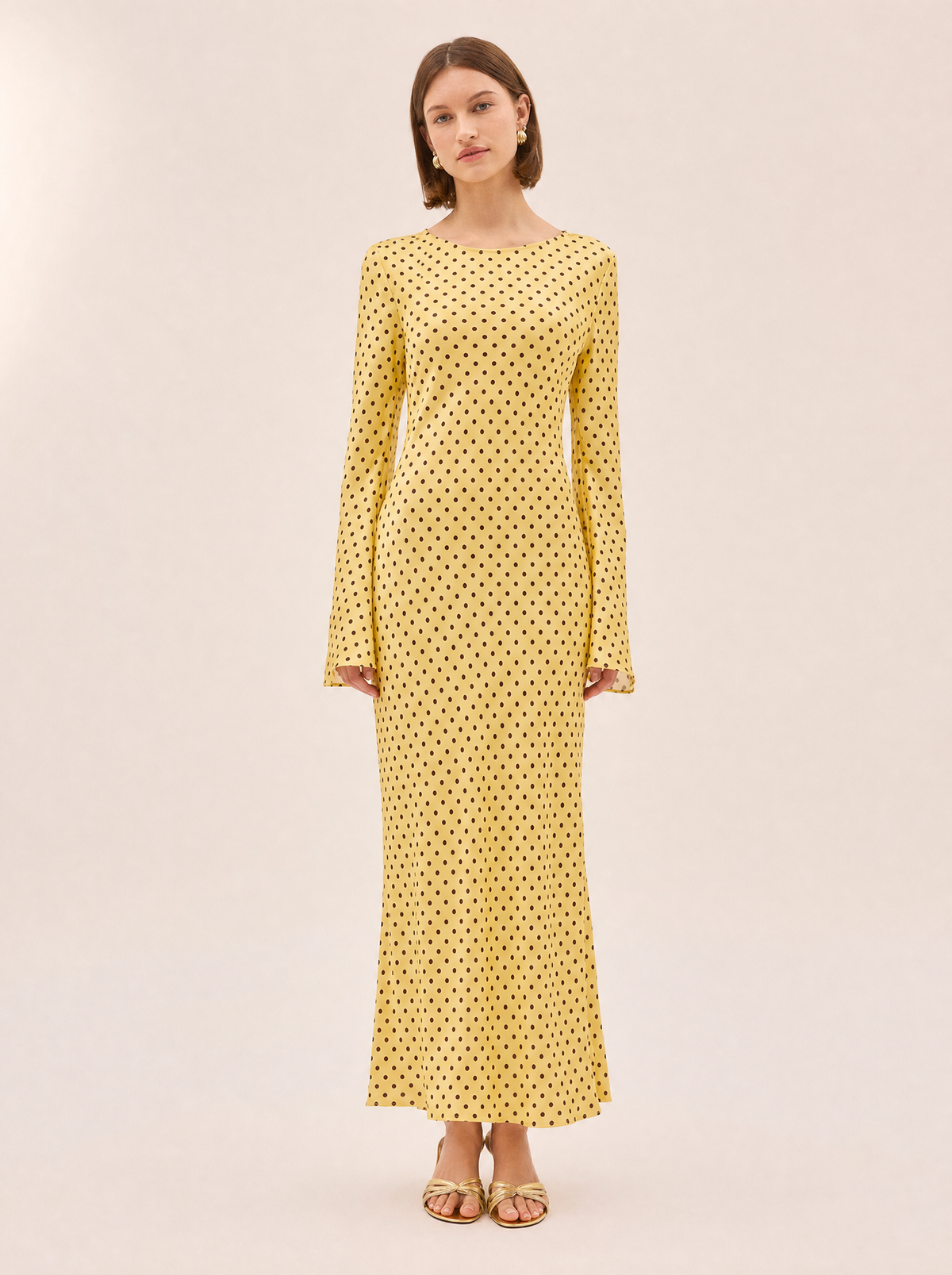 Keira Yellow Polka Dot Maxi Dress — Bias Cut Satin, Long Sleeve