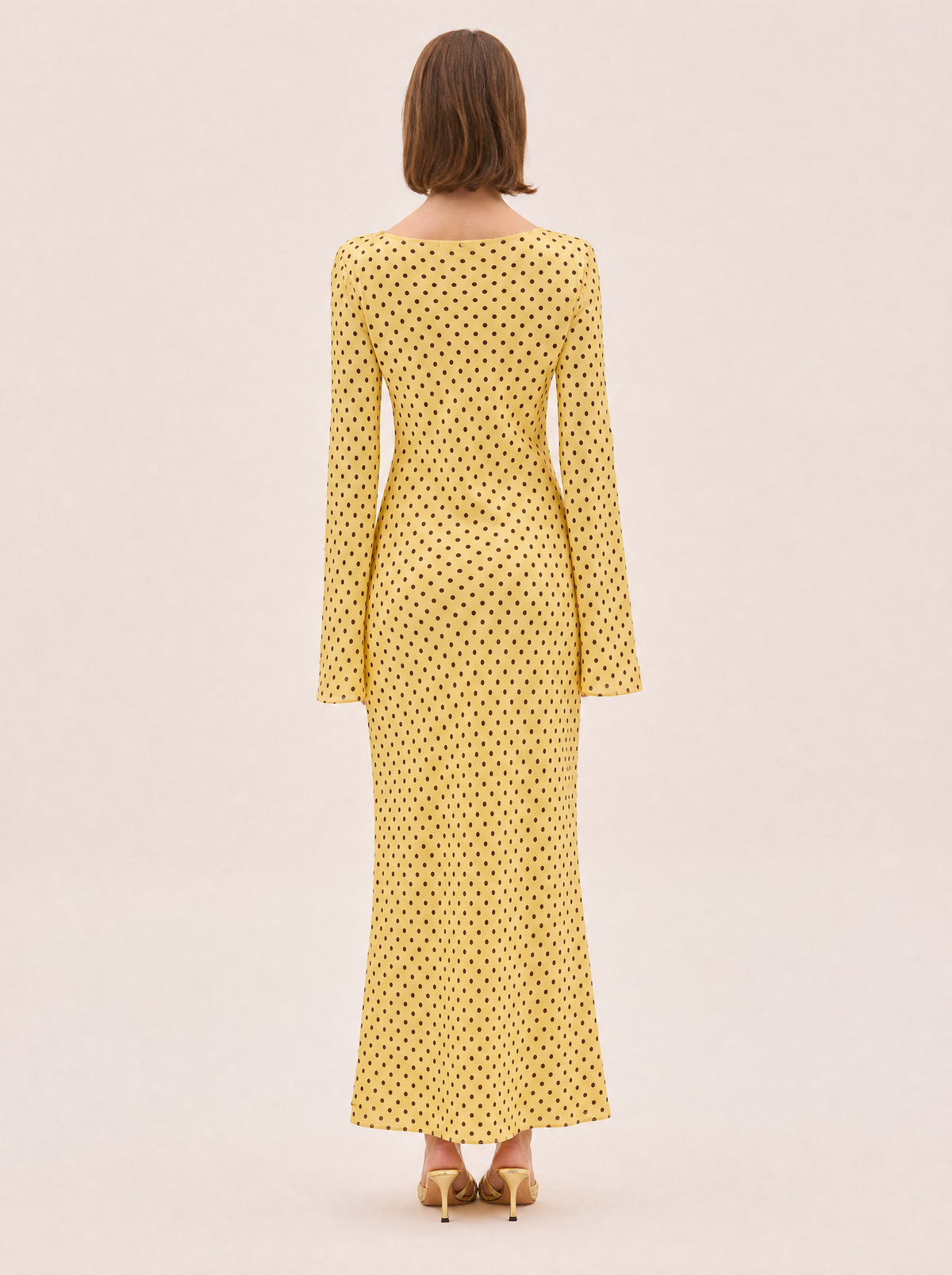 Keira Yellow Polka Dot Maxi Dress — Bias Cut Satin, Long Sleeve