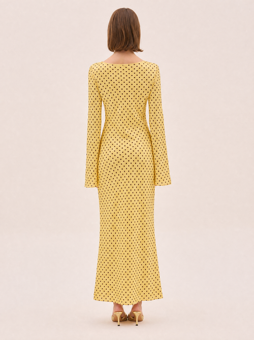 Keira Yellow Polka Dot Maxi Dress — Bias Cut Satin, Long Sleeve
