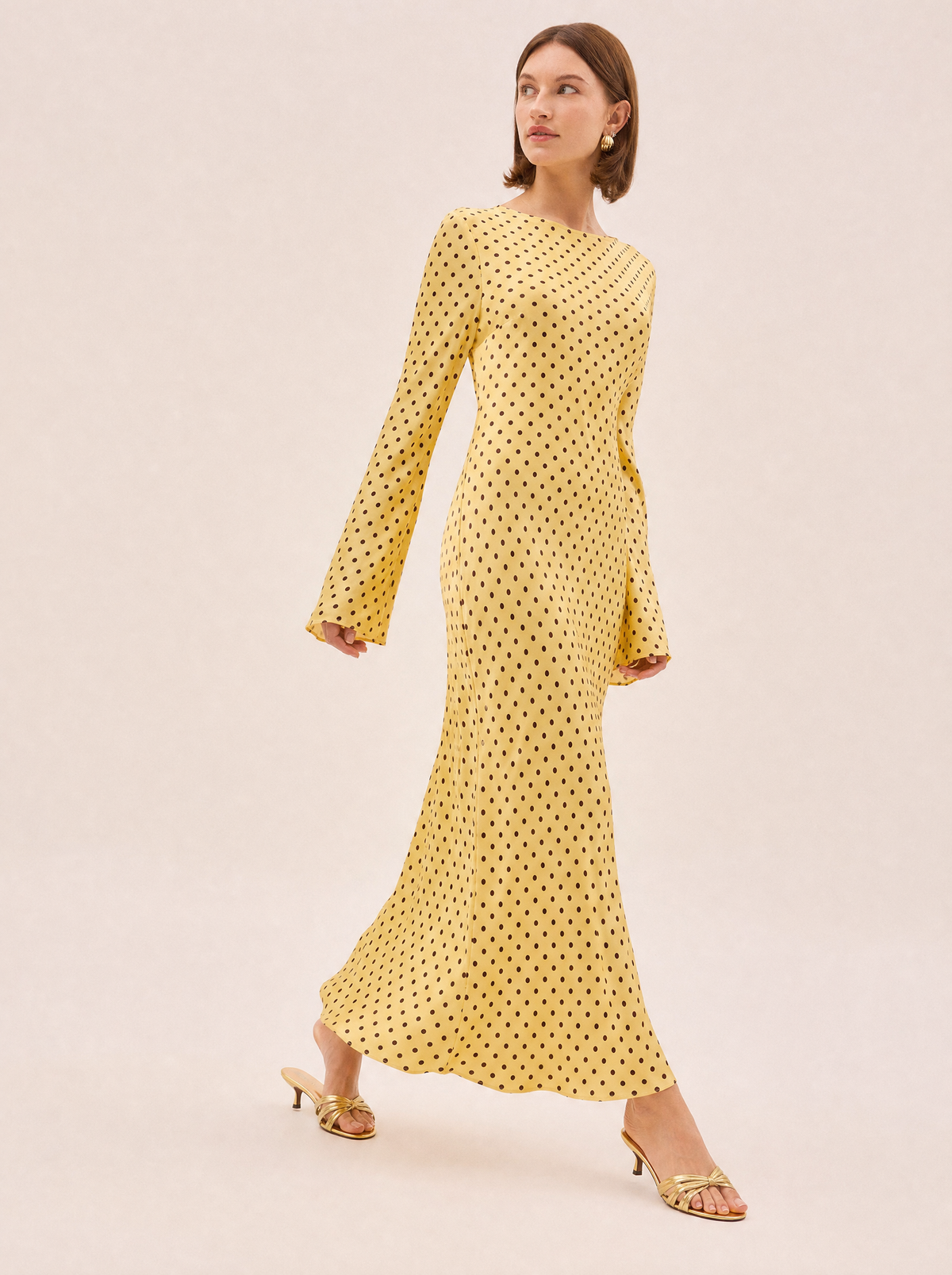Keira Yellow Polka Dot Maxi Dress — Bias Cut Satin, Long Sleeve