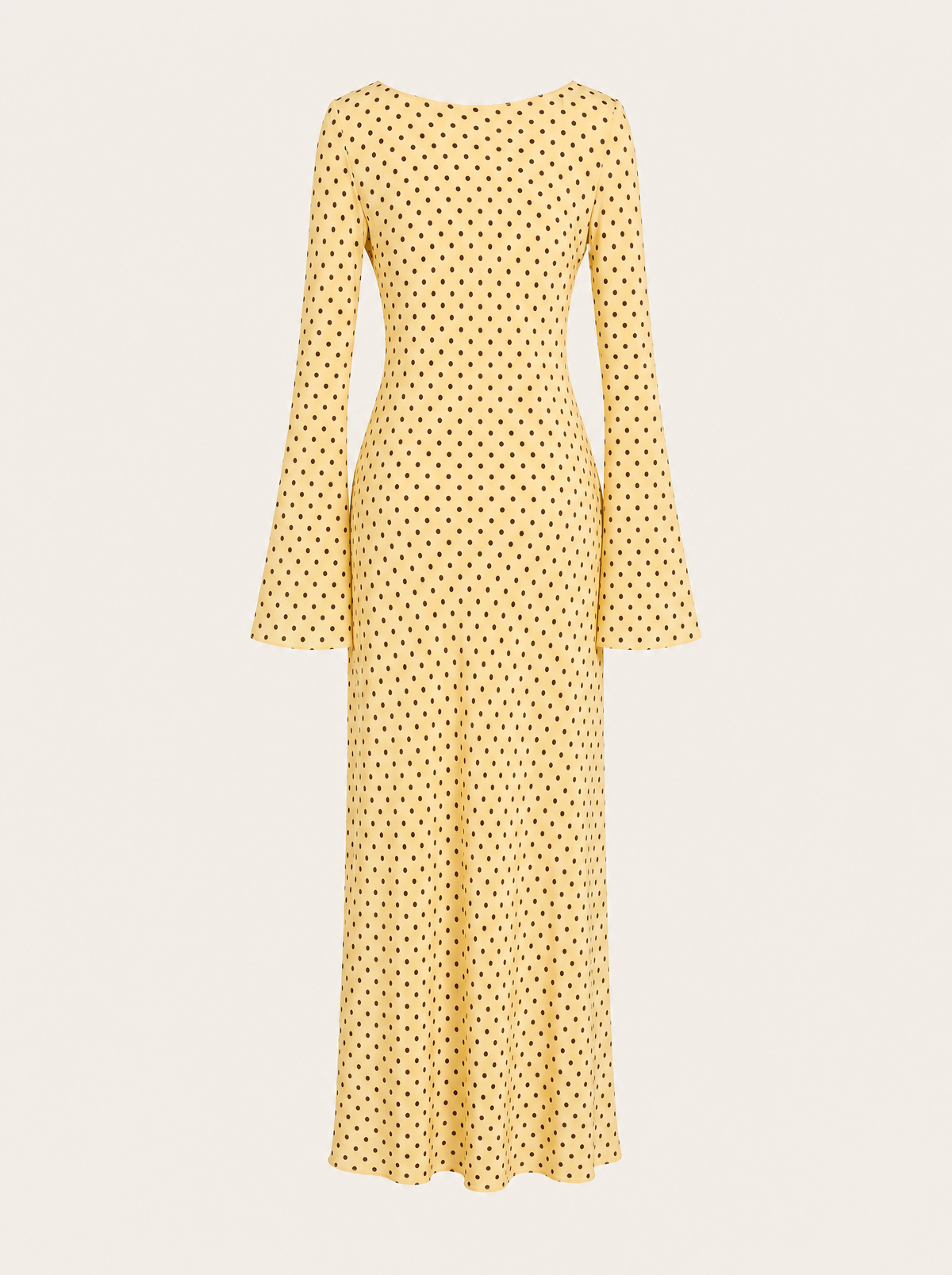 Keira Yellow Polka Dot Maxi Dress — Bias Cut Satin, Long Sleeve