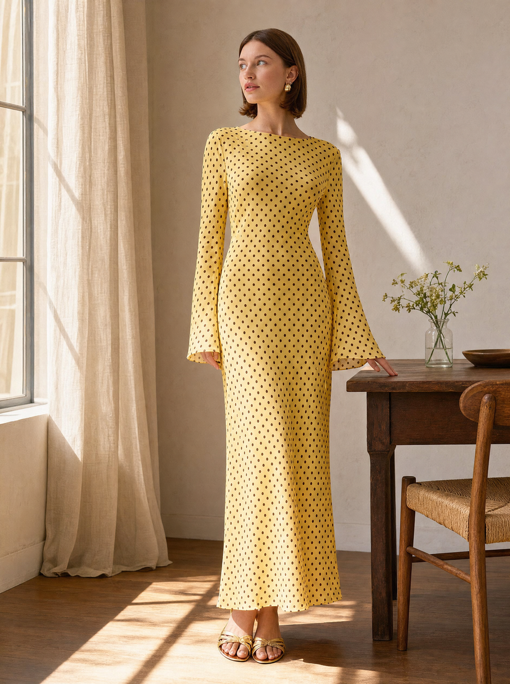 Keira Yellow Polka Dot Maxi Dress — Bias Cut Satin, Long Sleeve