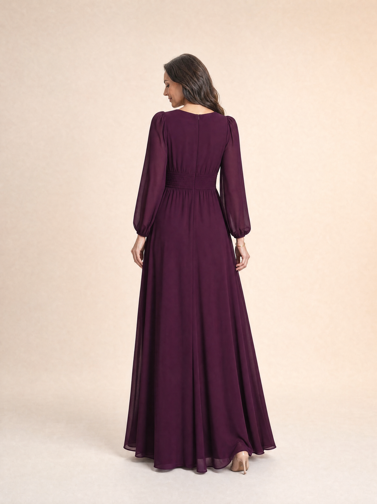 Long Sleeve Chiffon Pleated Maxi Occasion Dress