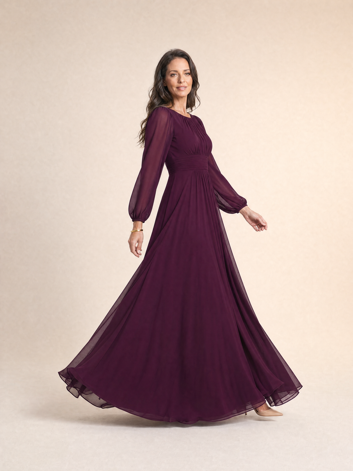 Long Sleeve Chiffon Pleated Maxi Occasion Dress