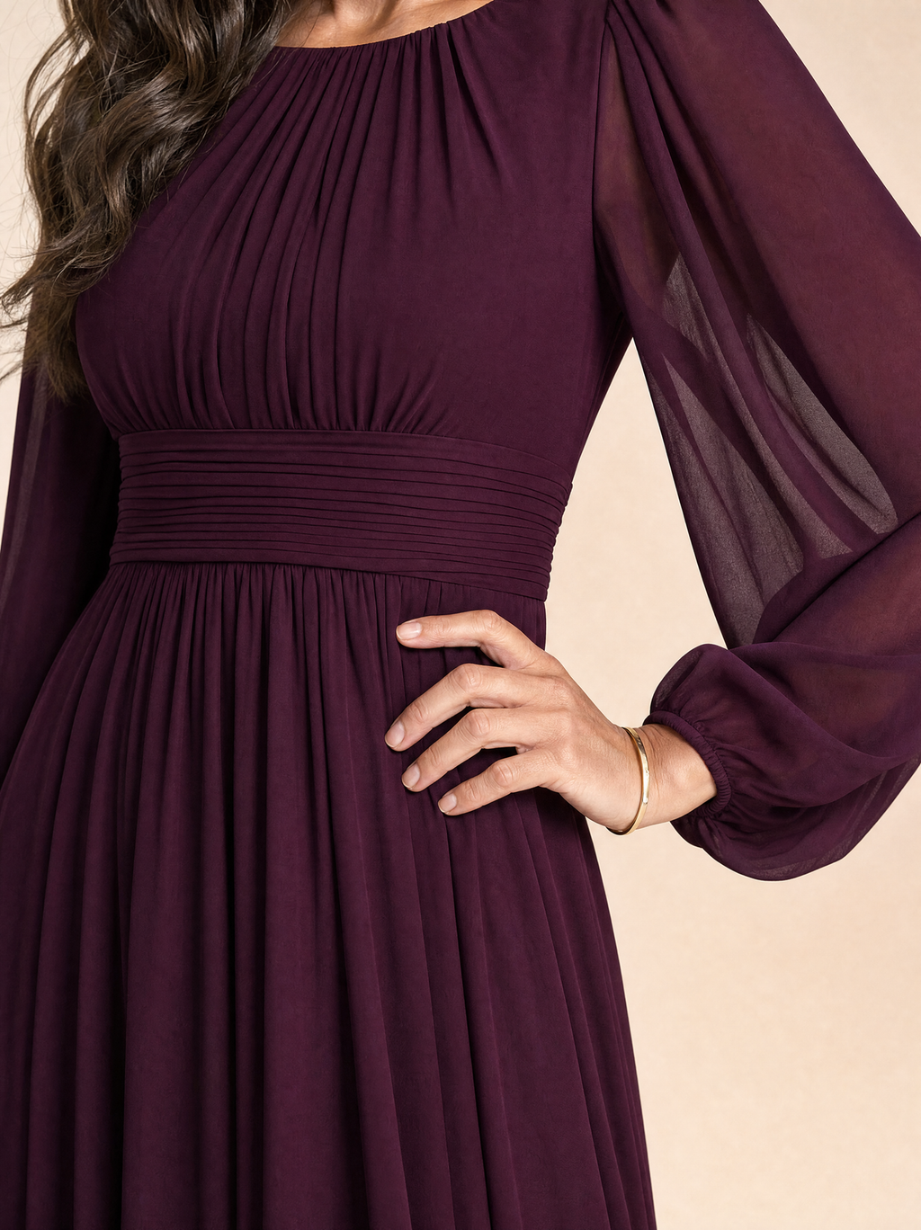 Long Sleeve Chiffon Pleated Maxi Occasion Dress