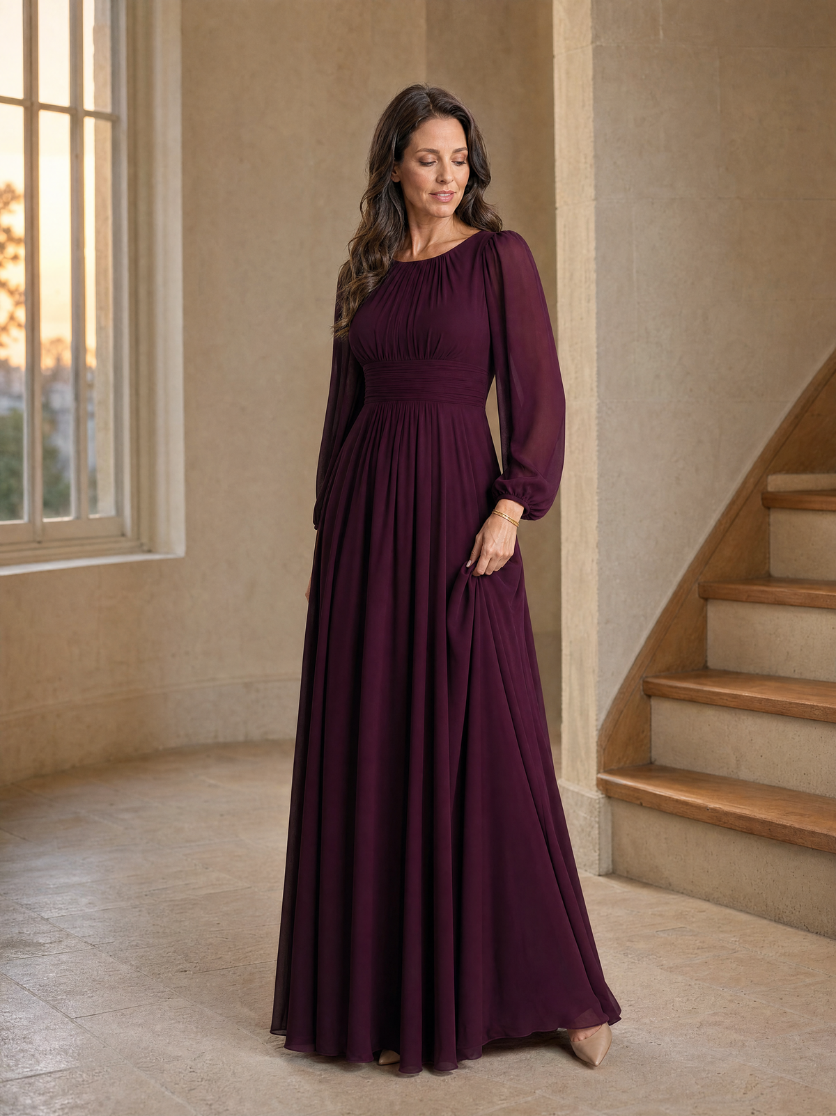 Long Sleeve Chiffon Pleated Maxi Occasion Dress