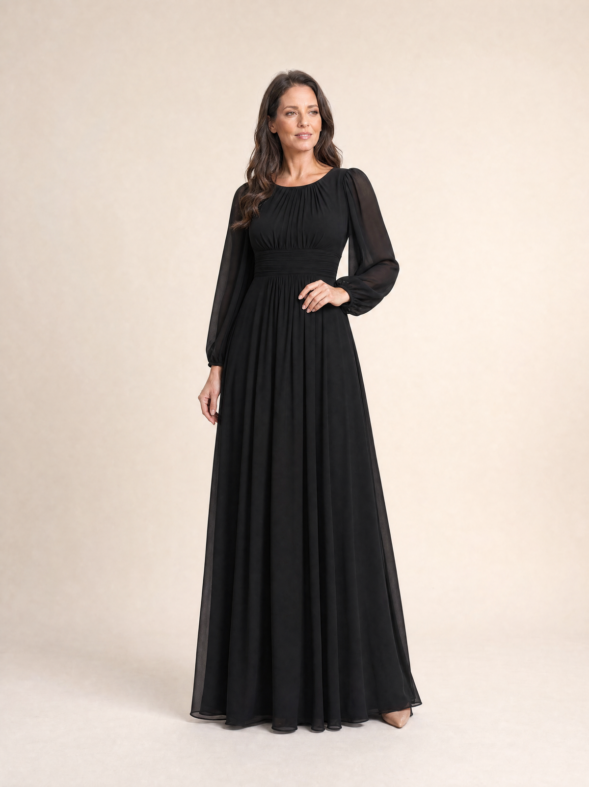 Long Sleeve Chiffon Pleated Maxi Occasion Dress