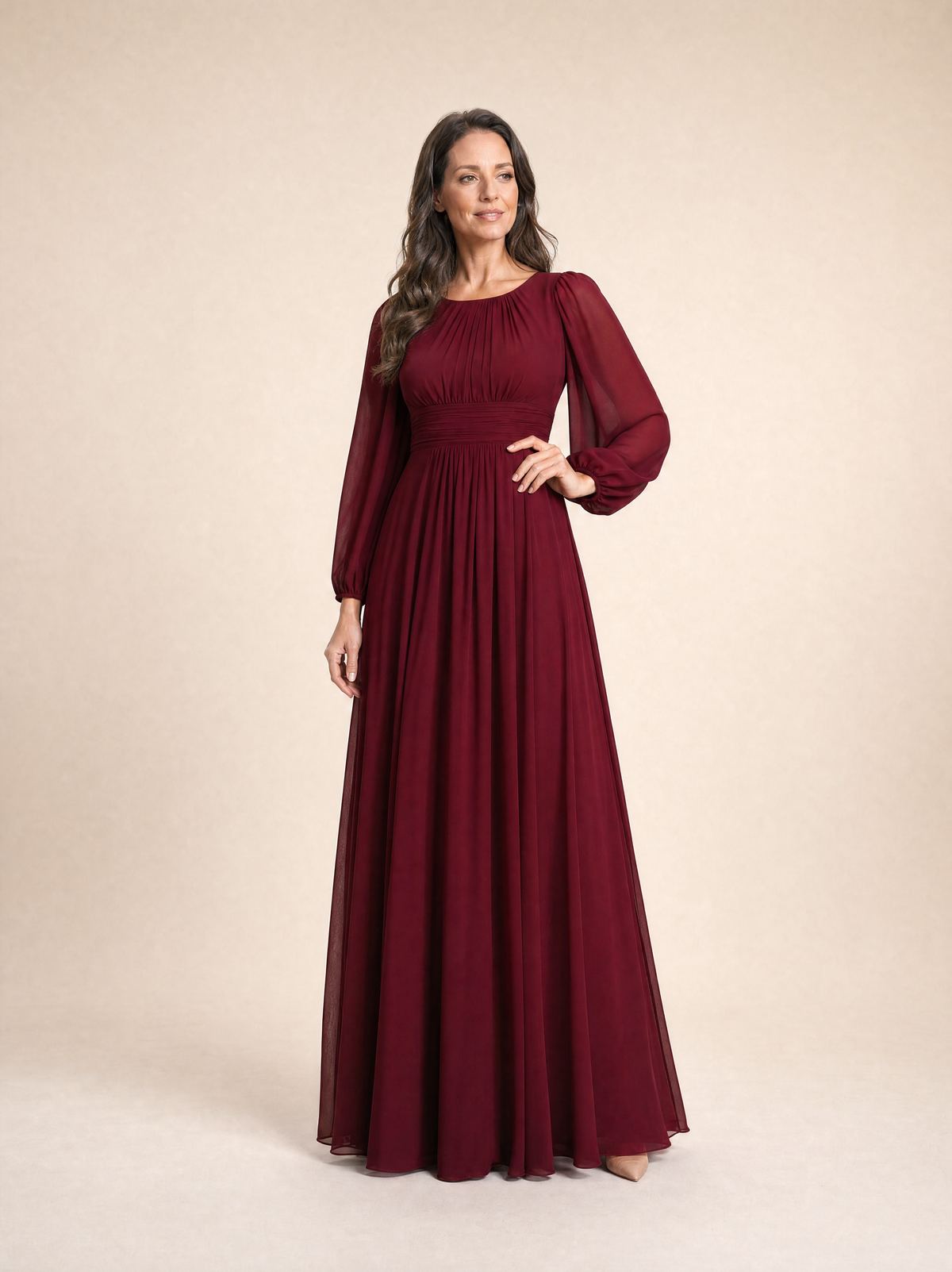 Long Sleeve Chiffon Pleated Maxi Occasion Dress