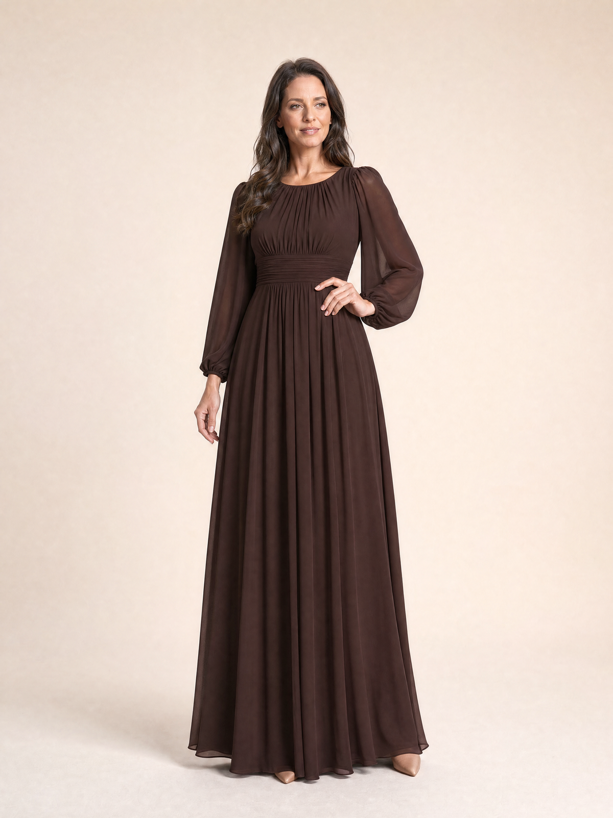 Long Sleeve Chiffon Pleated Maxi Occasion Dress
