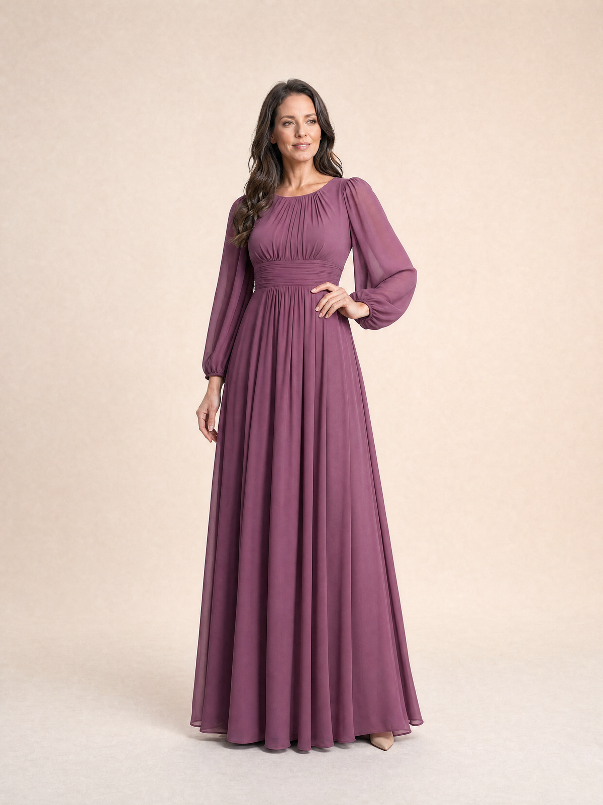 Long Sleeve Chiffon Pleated Maxi Occasion Dress
