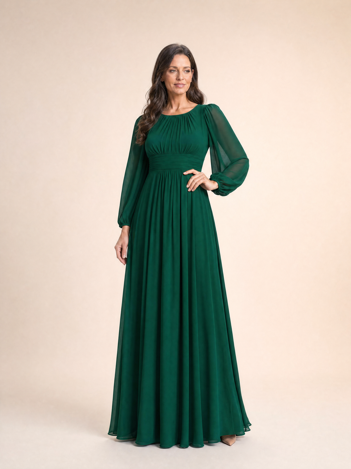 Long Sleeve Chiffon Pleated Maxi Occasion Dress