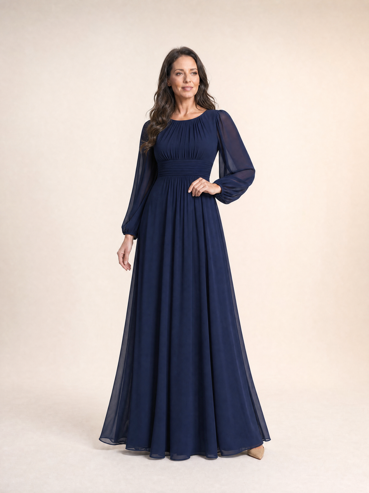 Long Sleeve Chiffon Pleated Maxi Occasion Dress
