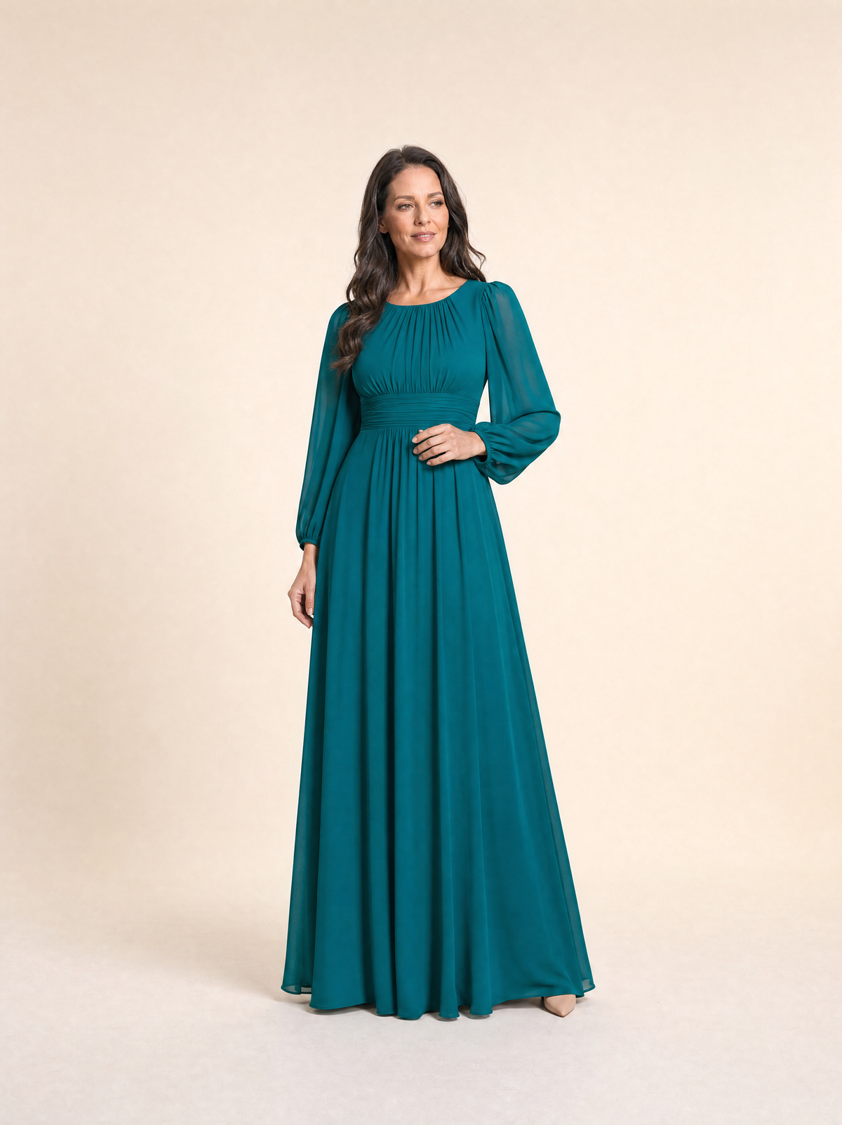 Long Sleeve Chiffon Pleated Maxi Occasion Dress
