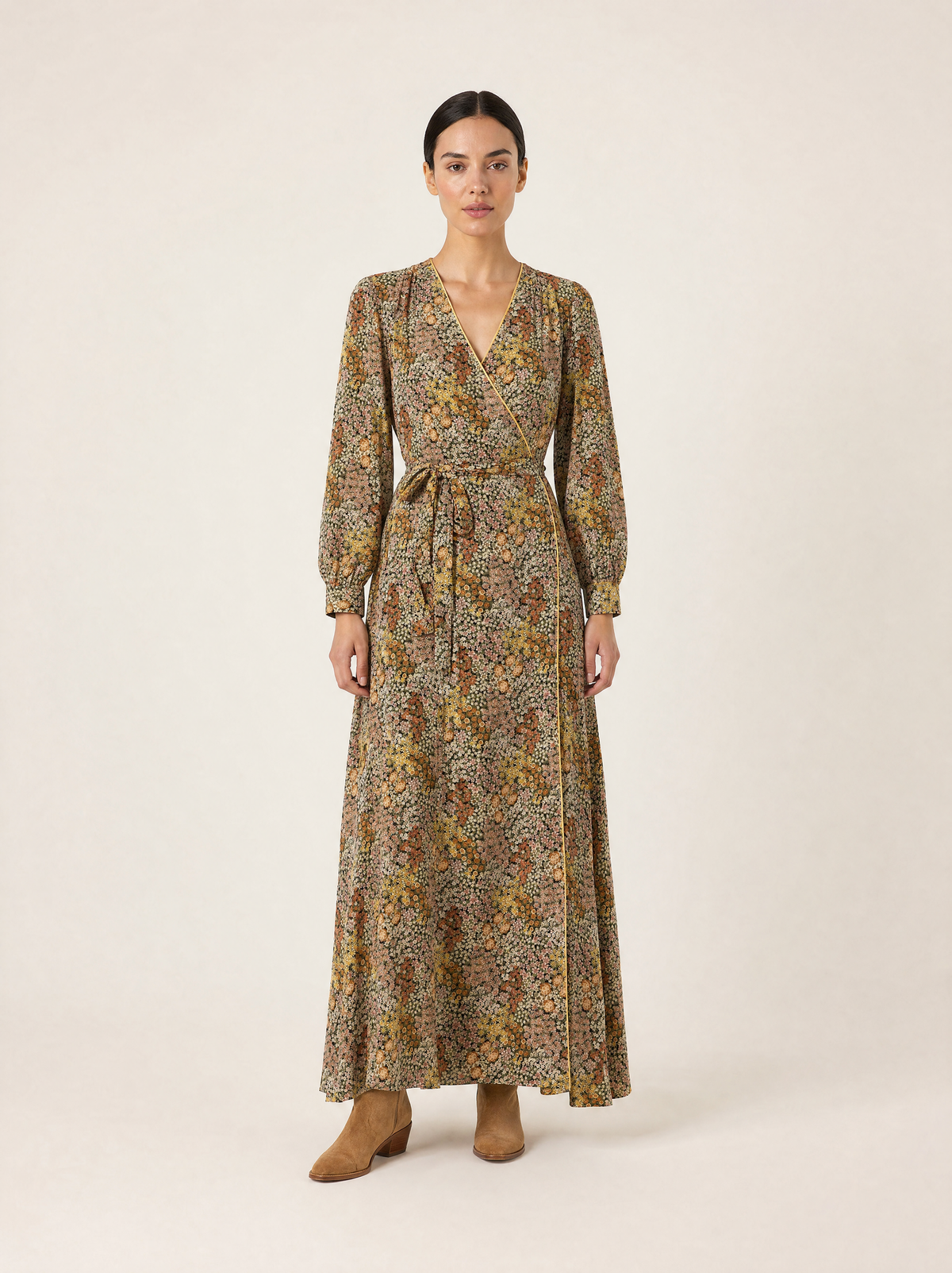 Olive Ditsy Floral Wrap Maxi Dress with Long Sleeves