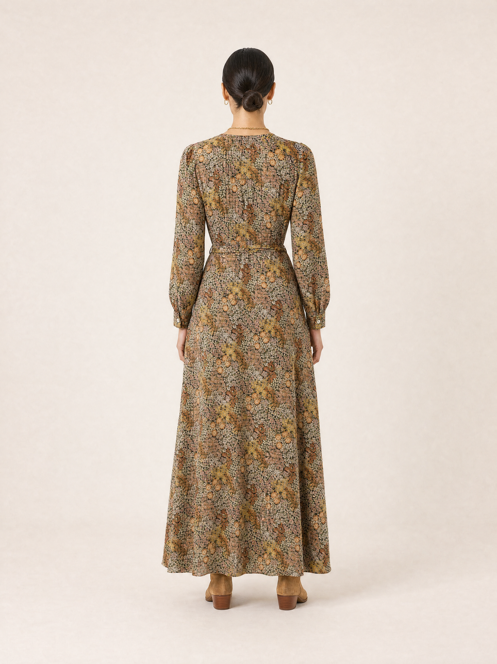 Olive Ditsy Floral Wrap Maxi Dress with Long Sleeves
