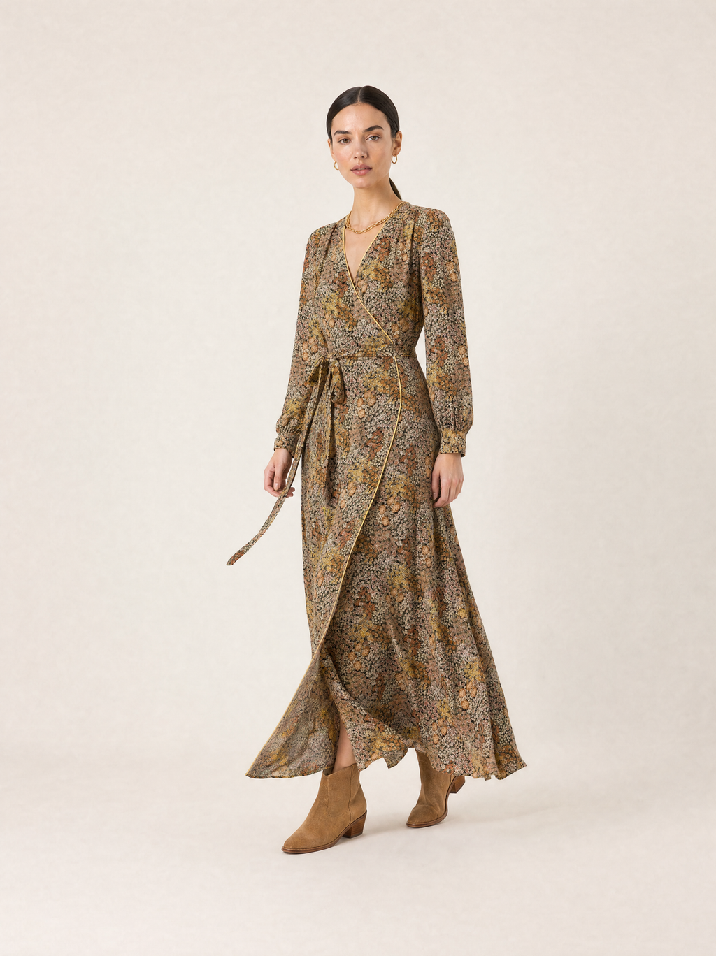 Olive Ditsy Floral Wrap Maxi Dress with Long Sleeves
