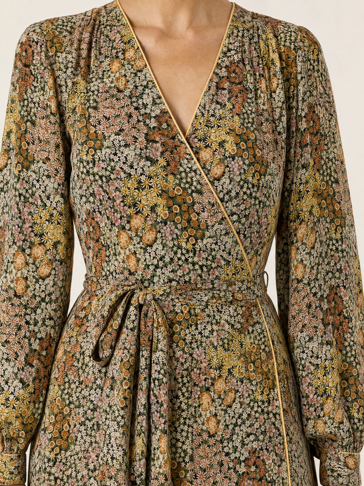 Olive Ditsy Floral Wrap Maxi Dress with Long Sleeves