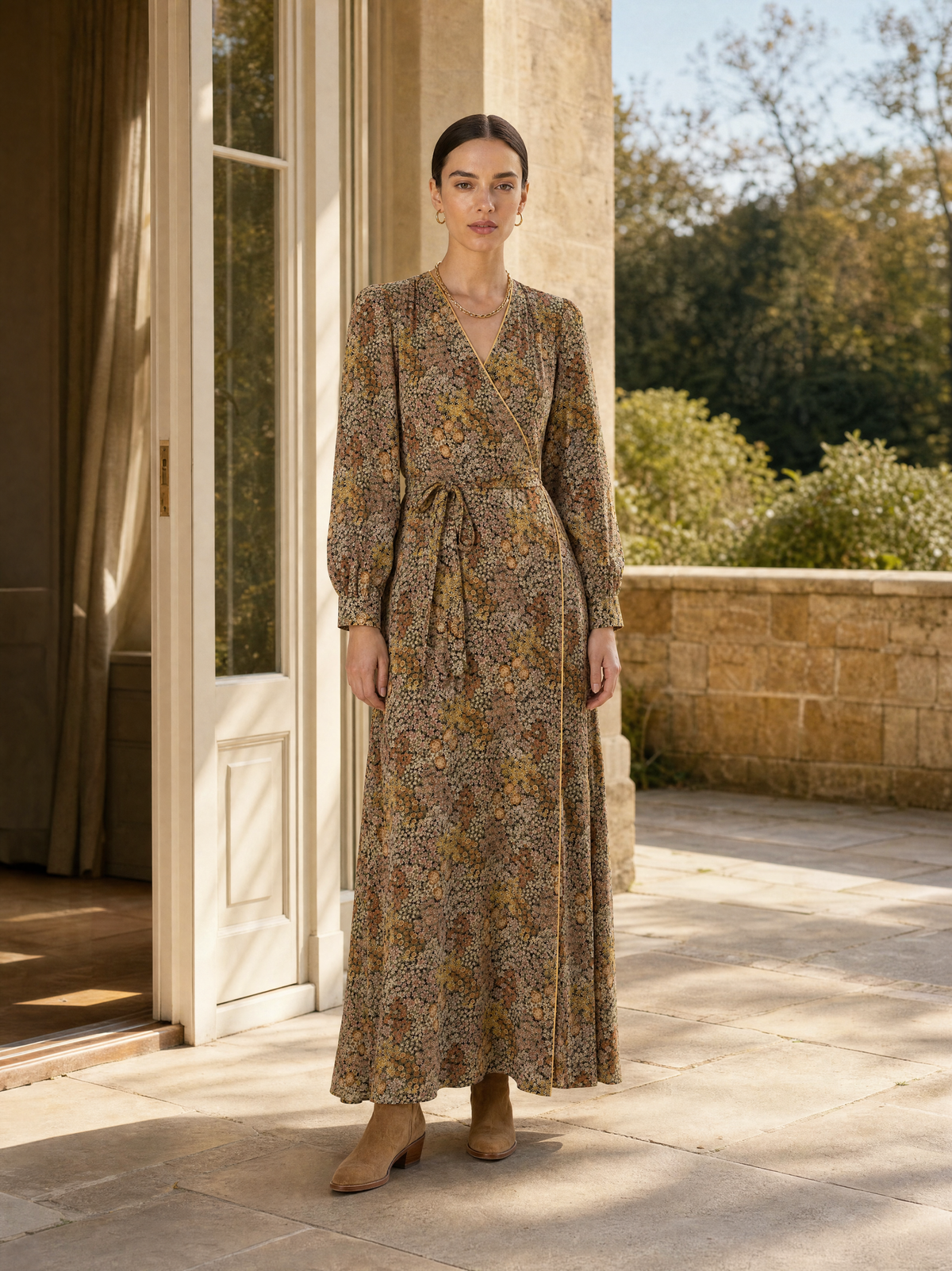 Olive Ditsy Floral Wrap Maxi Dress with Long Sleeves