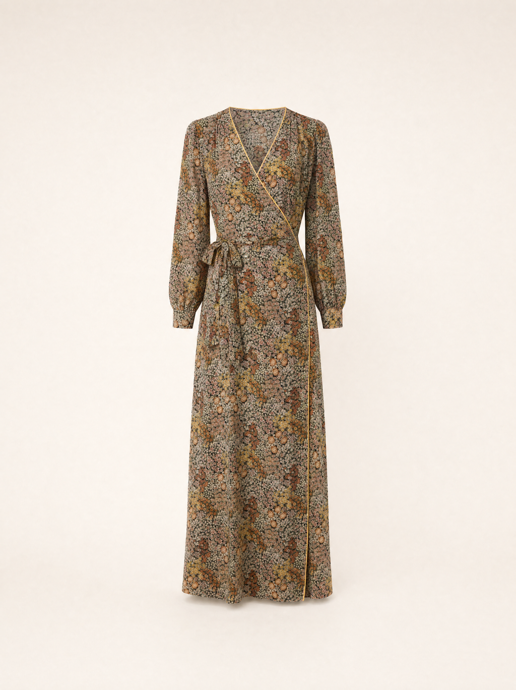 Olive Ditsy Floral Wrap Maxi Dress with Long Sleeves